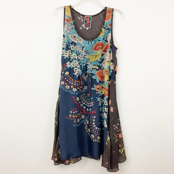 Johnny Was Japonica Silk Dress Size M Scoop Neck Waist Tie Sleeveless Floral - Picture 2 of 12